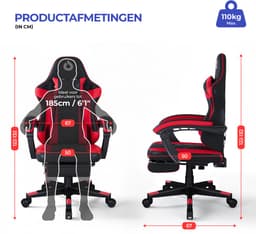 Stane Verstelbare Ergonomische Gamestoel met Voetsteun - Bureaustoel Gaming chair - Game Stoel Rood/Zwart — thumbnail 3