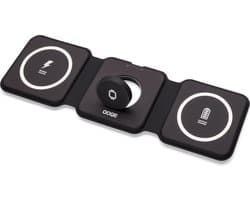 OOQE QCharge Pro - 3-in-1 Draadloze Oplader | 15W Snellader | Magnetisch | Opvouwbaar | Geschikt voor Samsung, iPhone & Android | Geschikt voor Apple Watch, Airpods, Galaxy Buds | Reisbestendig | Zwart