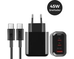 45W snellader GaN technologie - adapter USB A en USB C poorten - inclusief USB C naar USB C kabel 1 meter - geschikt voor Samsung Galaxy en iPhone 17 / 16 / 15 - zwart - WiseQ — afbeelding 1