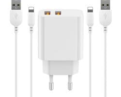 Phreeze 12W USB Oplader met 2 USB-A Poorten + 2x USB naar 8-PIN Kabel 1 Meter - 12 Watt - Geschikt voor oudere iPhone en iPad modellen
