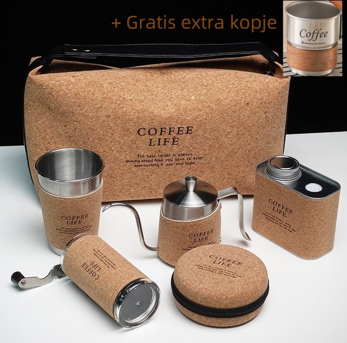 NatuurNook® - Wildernis Draagbare Buiten Koffieset - Met Extra Gratis kopje - RVS - Verse Koffiemaker - Kamperen - Cafetiere - Gooseneck kettle, Koffiebonenopslagcontainer, filterzakken, koffiekopje, koffiemolen, tas - cadeau — afbeelding 1