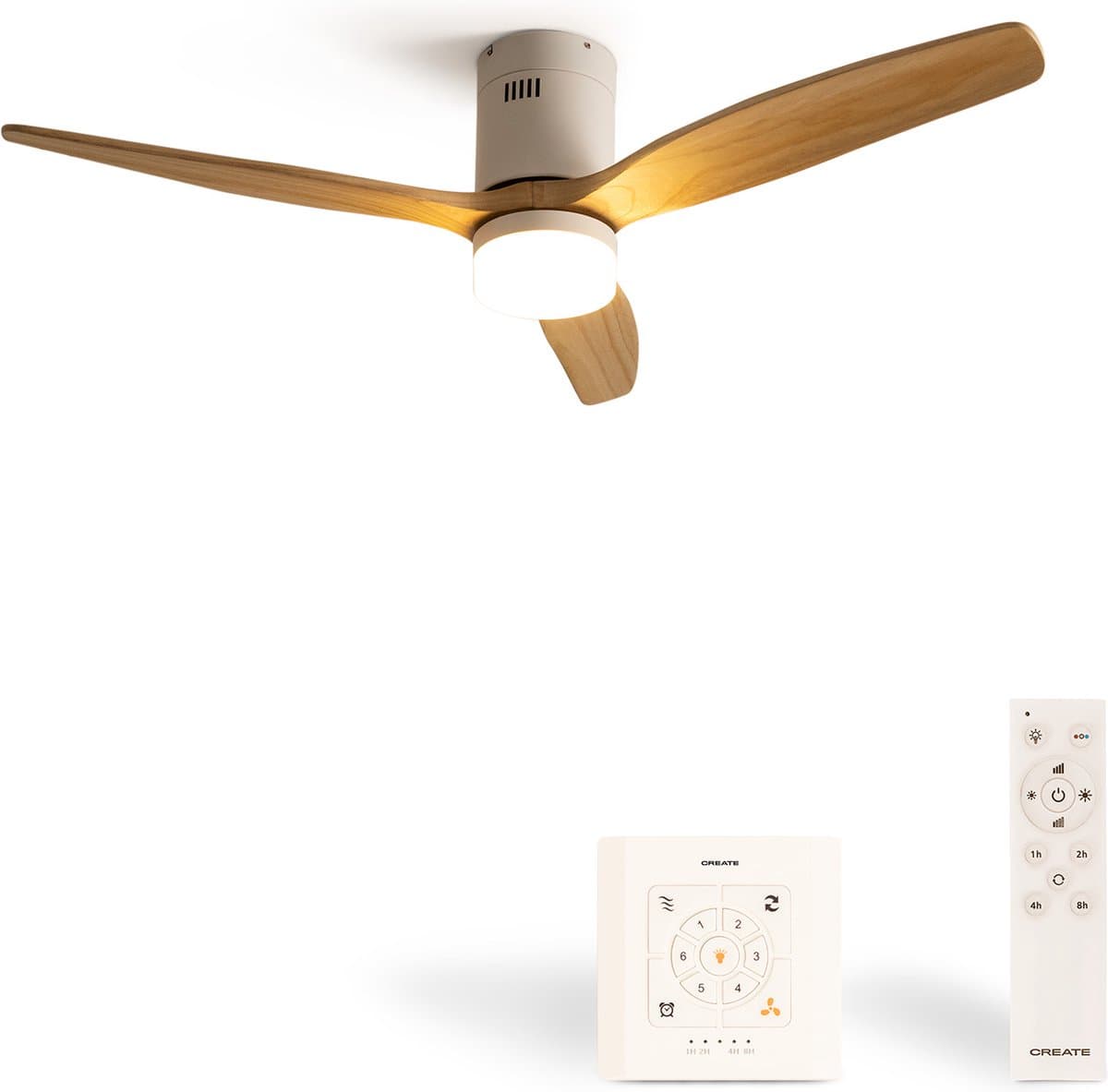 CREATE - Plafondventilator 40W silent Ø132 cm ABS - Met Verlichting drie temperaturen - Met Wandregelaar - Met Afstandsbediening - 6 Snelheden - Timer - Zomer/Winter functie - Naturel Hout - WIND CALM — afbeelding 1