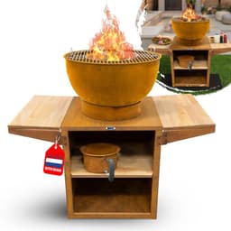 HEAT Outdoor Living Barbecue Buitenkeuken – Roestkleur – Vuurschaal Ø56 cm – Grillrooster & Plancha – Opbergvakken en Zijplankjes — thumbnail 1