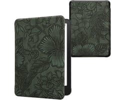 kwmobile e-reader hoesje geschikt voor Amazon Kindle Paperwhite (2024)/Colorsoft hoes - E reader flip case met magnetische sluiting - Ereader cover - Bloemen in reliëf design in groen
