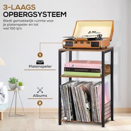 LP Opbergsysteem - Vintage Bruin - Tot 100 Platen - Stevig Hout & Metaal - 65 x 40 x 30 cm (H x B x D) - Platenspeler Meubel - Platen Houder - Vinyl Kast / Tafel - Standaard - Platenrek - Platenhouder - Platenkast — thumbnail 2