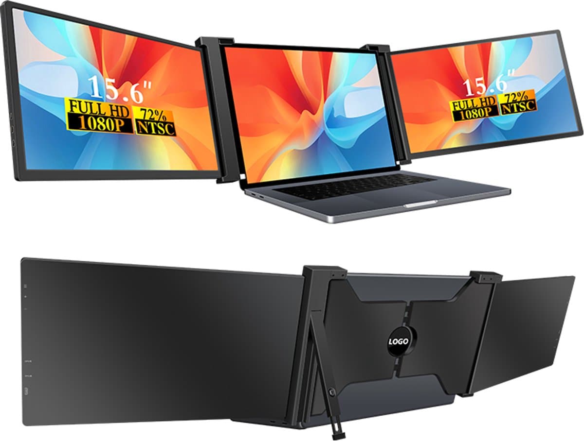 Draagbare Tri-Screen Monitor – Full HD – Voor Laptops van 15.6" t/m 18.1" – Inclusief Hoes & Kabels – Zwart – 2025 — afbeelding 1