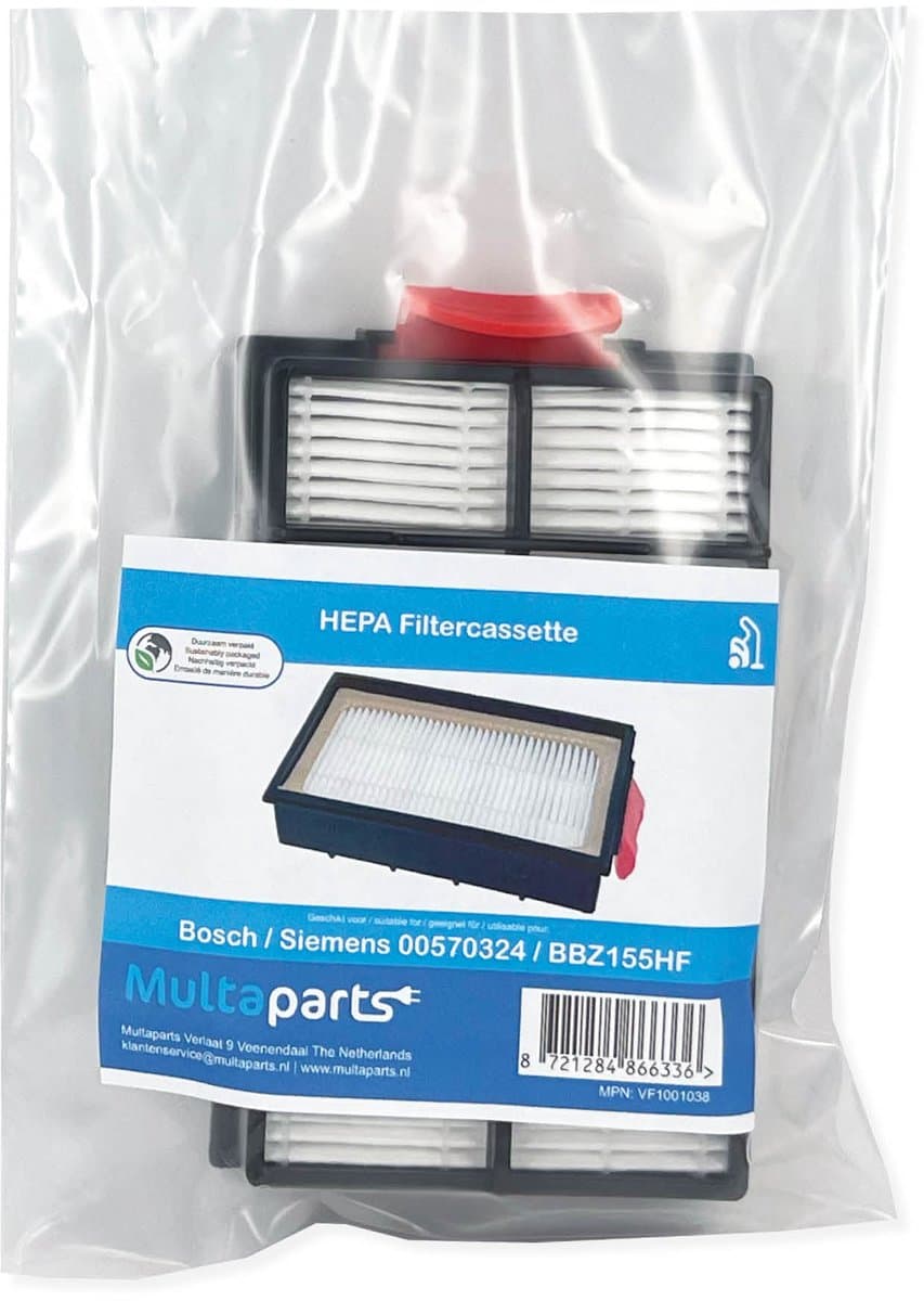 Multaparts® HEPA Filter geschikt voor Bosch Roxx'x / Siemens X6.0 Extreme | Afmetingen: 13,5 x 8,4 x 3,5 cm | Filter met grote rode vergrendelingsnok | O.a. geschikt voor Bosch Roxx'x serie | Vervanger voor 00570324, BBZ155HF — afbeelding 1
