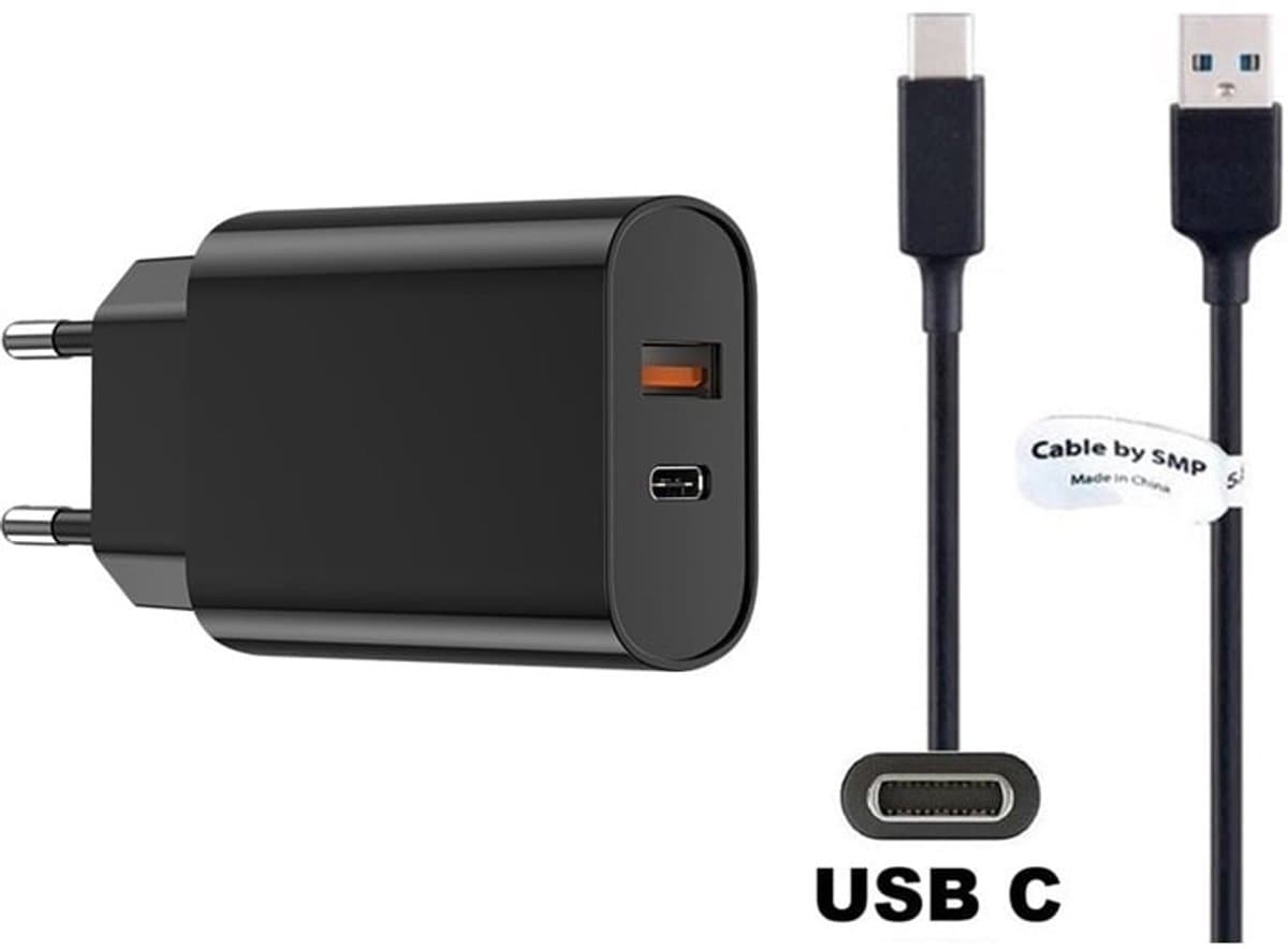 OneOne 20W snellader met 2 poorten + 1,0m sterke USB C kabel. PD lader. Oplader adapter past op Sony Xperia 10, 10 II (2), 10 III (3), 10 III Lite (3), 10 IV (4), 10 V (5), 10 VI (5), 10 Plus — afbeelding 1