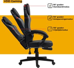 VDD Gaming - Gamestoel met massagefunctie en voetsteun - Gaming chair in de kleur Zwart/Grijs - Game stoel met nekkussen & verstelbaar rugkussen - Ergonomische bureaustoel met padded armsteunen - Max draagvermogen 150 kg - Verstelbare ruggensteun — thumbnail 4