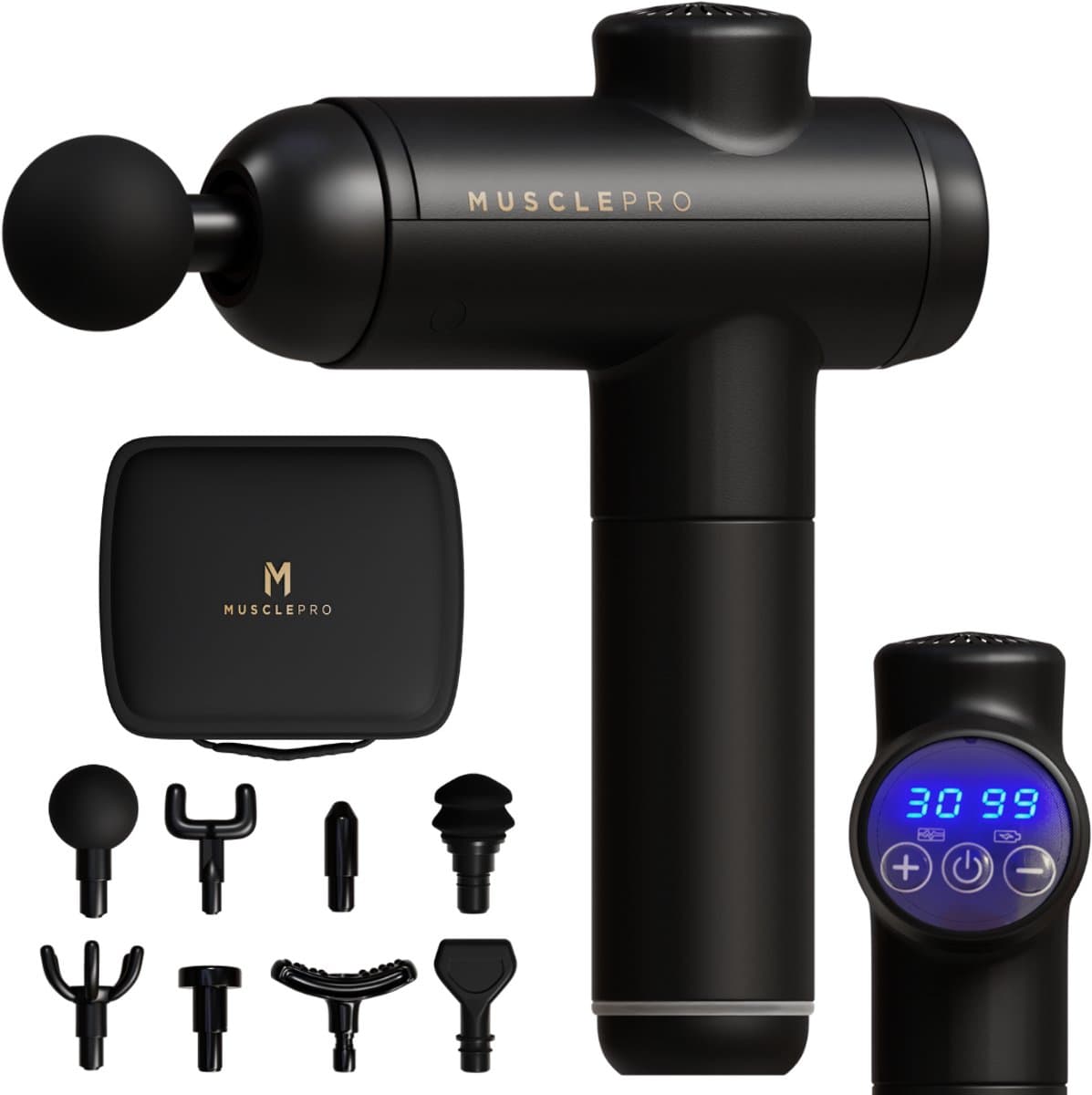 MusclePro Prime - 12V massage gun - inclusief koffer- professioneel massage apparaat - massage pistool - spier massage - sport massage - 8 mondstukken - 99 snelheden - zwart - krachtig en draadloos — afbeelding 1
