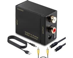 Sounix Digitaal naar Analoog audioconverter - 192 kHz Audio Adapter voor Toslink naar RCA R/L - met Optische Kabel en Voedings Kabel - zwart