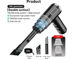 Kruimeldief - Zwarte Draadloze Auto Stofzuiger - 29000Pa - Sterke Zuig Stof Vanger - Draagbare - Natte Droge Stofzuiger - Luchtstofdoek - Handstofzuiger