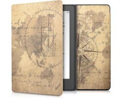 kwmobile e-reader hoesje geschikt voor Kobo Aura H2O Edition 2 hoes - E reader flip case met magnetische sluiting - Ereader cover - Vintage Travel design in bruin / lichtbruin