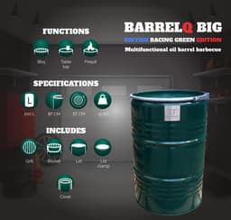 BarrelQ Big - Houtskoolbarbecue - British Racing Green - Staal - Ø57x87 cm - Vuurkorf & Statafel in 1 - 200L - Inclusief Hoes — thumbnail 5