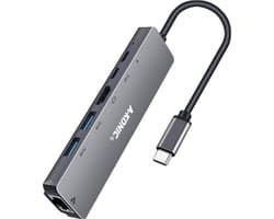 A-KONIC© 6 in 1 USB C Naar HDMI (4K) HUB met Ethernet RJ45, 2x USB 3.0 (thunderbolt), 2X Usb-C – Docking station - geschikt voor Macbook Pro, HP, Dell en meer – Spacegrey