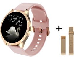Belesy® BQSiRgPk Pro - Smartwatch Dames – Smartwatch Heren - Horloge - 1.28 inch - Kleurenscherm - Stappenteller - Bloeddruk - Hartslag - 75+ Wijzerplaten – Sporten – Goud – Siliconen – Roze – extra polsband Milanees goud - Kerstcadeau