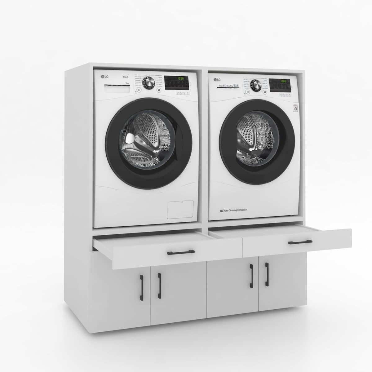 Wasmachinekast Dubbel 134x145x67cm | Ruimtebesparend & Super Stevig | Met Uitschuiflade | Voor Wasmachine en Droger | Wit — afbeelding 1