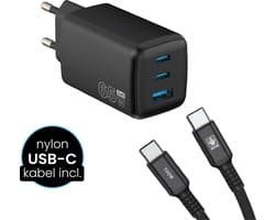 SYVOX Power 65W Snellader – USB-C Adapter met Kabel – 2x USB-C & 1x USB-A – Oplader voor Laptop, telefoon, tablet & meer – Zwart