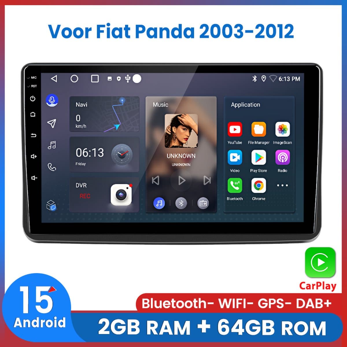 Awesafe Autoradio - Geschikt Voor Fiat Panda 2003 t/m 2012 - RAM 2GB + ROM 64GB - Draadloos Apple Carplay & Android auto - GPS Navigatie Bluetooth WIFI - 2003 2004 2005 2006 2007 2008 2009 2010 2011 — afbeelding 1