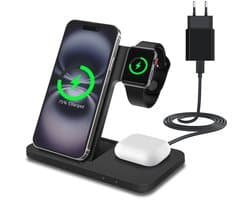 Draadloos Oplaadstation voor Smartphone, Smart Watch en Oordopjes van MMOBIEL – 3-in-1 Multi Oplader 18W – Draadloze Snellader - Inclusief 20W Adapter - Zwart