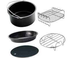 Accessoires voor de airfryer - 5-delige set - Inclusief bakvorm en rooster - Bakmand - Bakgereedschap - 16 cm diameter (6 inch) - Geschikt voor 2,3L-3,2L inhoud - Gemakkelijk schoon te maken - Zwart