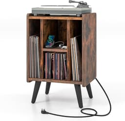 COSTWAY Draaitafel standaard met laadstation, vinylplaten, draaitafel tafel met 4 open planken, vinylplaatstandaard vintage, bijzettafel voor woonkamer kantoor, 43 x 34,5 x 67,5 cm (vintage) — thumbnail 1