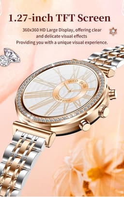 Knobbout Luxe Dames Smartwatch 1.27” met Kristallen – Bluetooth Bellen – HD Touchscreen – Hartslag, Bloeddruk & SpO₂ Monitoring – Vrouwelijke Gezondheidsfuncties – AI spraakassistent– IP68 Waterdicht – Rosé goud stalen horlogeband — thumbnail 13