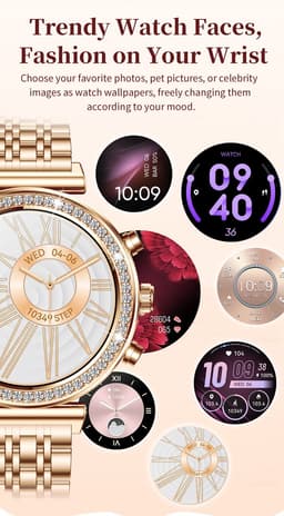 Knobbout Luxe Dames Smartwatch 1.27” met Kristallen – Bluetooth Bellen – HD Touchscreen – Hartslag, Bloeddruk & SpO₂ Monitoring – Vrouwelijke Gezondheidsfuncties – AI spraakassistent– IP68 Waterdicht – Rosé goud stalen horlogeband — thumbnail 10