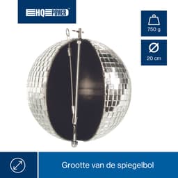 HQ-Power Set met discobal Ø 20 cm + 4W motor, roterende spiegelbol van reflecterend facetglas, 1.8-2.5 tpm, 5 kg draagvermogen, veilig ophangsysteem voor plafondmontage – Perfect voor dansvloeren, disco feesten, party decoratie, en lichteffecten — thumbnail 2