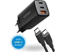 Voomy USB C Adapter - 65W Snellader met Oplaadkabel - 2 USB C & 1 USB A Poort - Oplader Universeel voor Laptop, telefoon, tablets en meer - USB C Lader - Zwart