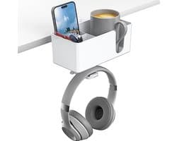 Bureau bekerhouder – Headset houder – 4-in-1 bureau organizer – Roterende koptelefoon standaard – Bekerhouder voor bureau – Penhouder en telefoonhouder – Klembevestiging zonder boren – Ruimtebesparende bureau opberger voor kantoor en gaming setup