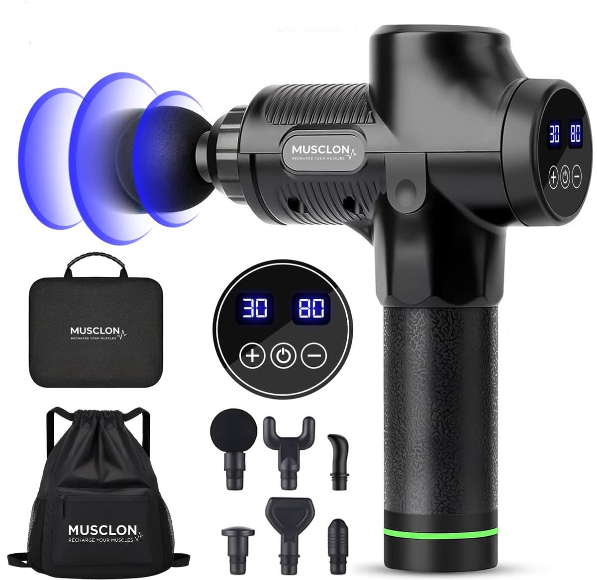 Musclon Pro Massagegun Professioneel – Gratis Premium Rugzak – Massageapparaat – Massage Pistool – Zwart – Draadloos & Stil – 30 Snelheden – 6 Koppen — afbeelding 1