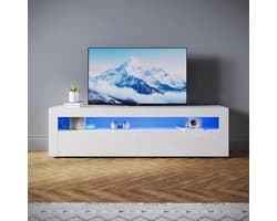 Moderne TV-kast 160 cm met LED-verlichting – Hoogglans wit, Geschikt voor TV's tot 65 inch, 2 Laden en 2 Deuren
