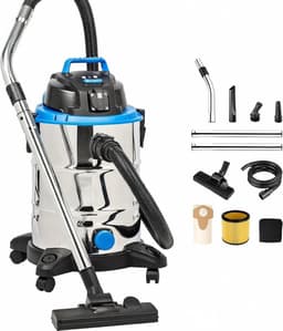 Industriële Stofzuiger - Droogzuiger - Bouwstofzuiger - 1500W - 30 Liter - Roestvrij Staal (RVS) - Sterke Zuigkracht - Alleszuiger voor Nat en Droog - Zilver/Blauw — thumbnail 1