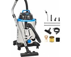 Industriële Stofzuiger - Droogzuiger - Bouwstofzuiger - 1500W - 30 Liter - Roestvrij Staal (RVS) - Sterke Zuigkracht - Alleszuiger voor Nat en Droog - Zilver/Blauw