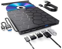 Een 7-in-1 externe cd/dvd-drive voor laptops, een ultradunne externe cd/dvd-speler met USB 3.0, 4 USB-A-poorten, 1 Type-C-poort en 2 TF/SD-kaartsleuven.