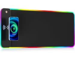 Draadloos opladen RGB gaming muismat 15 watt, muismat met LED verlichting, afmetingen 800x300x4 mm, met 10 lichtstanden, extra grote muismat met anti-slip rubberen basis, Geschikt voor keyboard pads voor games, computers, laptops en desktops.