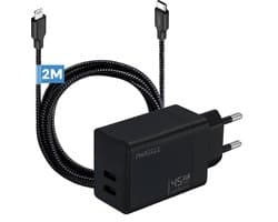 Phreeze usb C oplader geschikt voor iPhone 14 13 12 11 X XR XS Max Pro Mini Plus en iPad met Lightning kabel 2 meter - Power Delivery snellader met 2 poorten