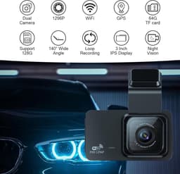Dashcam Auto 1296P dashcamera, voor full HD dashcamera, auto, met 32G SD-kaart, 3,0 inch IPS-scherm, dual camera met wifi, GPS, 480p achter, loopopname, 140° groothoek, app-bediening, achteruitrijhulp, — thumbnail 4