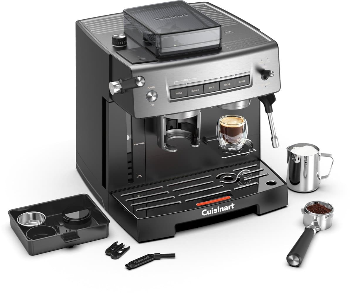 Cuisinart Espresso Machine Grind, Tamp and Brew - Met ingebouwde Koffiemolen - 20 Bar Druk - Iced Coffee Functie - 2,2L Waterreservoir - Zilver/Zwart — afbeelding 1