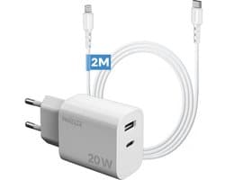Phreeze usb C oplader 20W geschikt voor iPhone 14 13 12 en iPad met Lightning kabel 2 meter - Snel opladen met 2 poorten