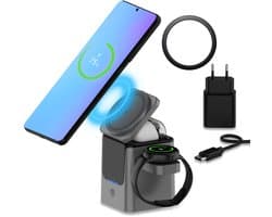 Draadloos Oplaadstation van MMOBIEL – 3-in-1 Draadloze Oplader 15W voor voor Smartphone, Smart Watch en Oordopjes – 25W Adapter & Magnetische Ring - Zwart