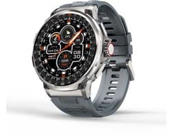 Knobbout 1.85” HD Sport Smartwatch – 710mAh Extra Grote Batterij – Bluetooth Bellen – RVS Bezel – Hartslagmeting/Bloeddrukmeting/Slaapmonitoring/Calorieverbruik – Android & iOS – Blauw Grijs Siliconen Band