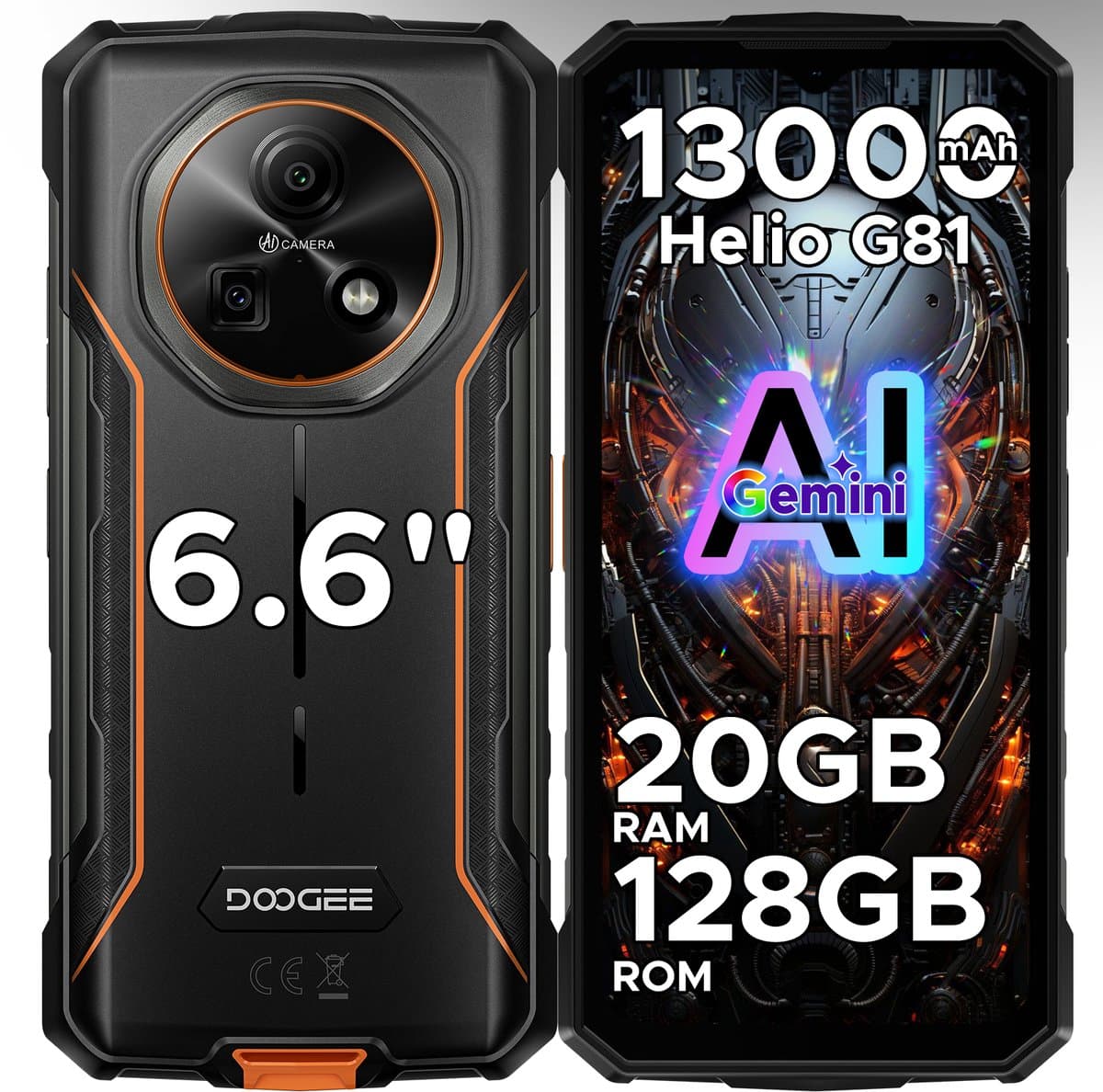 DOOGEE Fire 5 Pro 4G- Rugged Smartphone - 20 GB ROM+128 GB ROM/2 TB TF - 13000 mAh/18W - 6,6inch HD+ 90Hz- Android 15- MediaTek Helio G81 - Gemini AI - NFC- Face ID - IP68 - Oranje — afbeelding 1