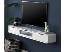 Moderne Wandmontage TV-meubel met 2 Schuiven en Glazen Deuren, Schwebende TV-Standaard met Opbergruimte en Plank voor Televisie, Stijlvol TV-meubel in Wit voor Woonkamer – Depauwwonen