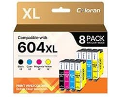8-Pack Compatibele 604XL Inktcartridges voor XP-2200 XP-2205 XP-3200 XP-3205 XP-4200 XP-4205 en WF-2910 WF-2930 (2 Zwart, 2 Cyaan, 2 Geel, 2 Magenta)