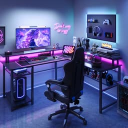 Gaming Bureau met LED Verlichting - 136x118x88 cm - L-Vormig Hoekbureau met Stopcontact - Stopcontact - Gaming Desk - Computer Tafel - Gaming Tafel - Zwart Bureau voor Gamen, Studeren en Werken — thumbnail 3