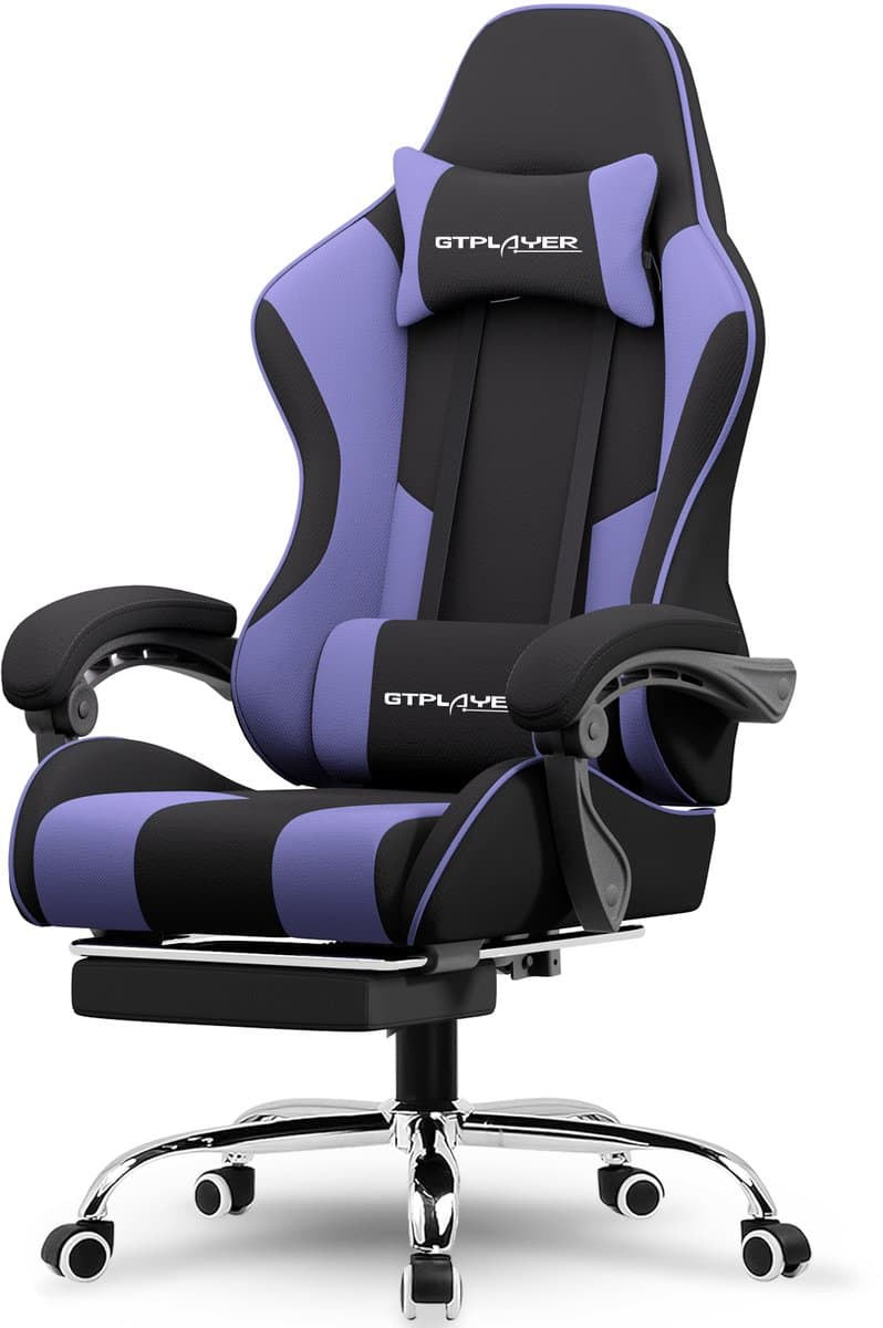 GTPLAYER Gamingstoel 135° verstelbaar, ergonomisch, met uitschuifbare voetsteun - Paars stof — afbeelding 1