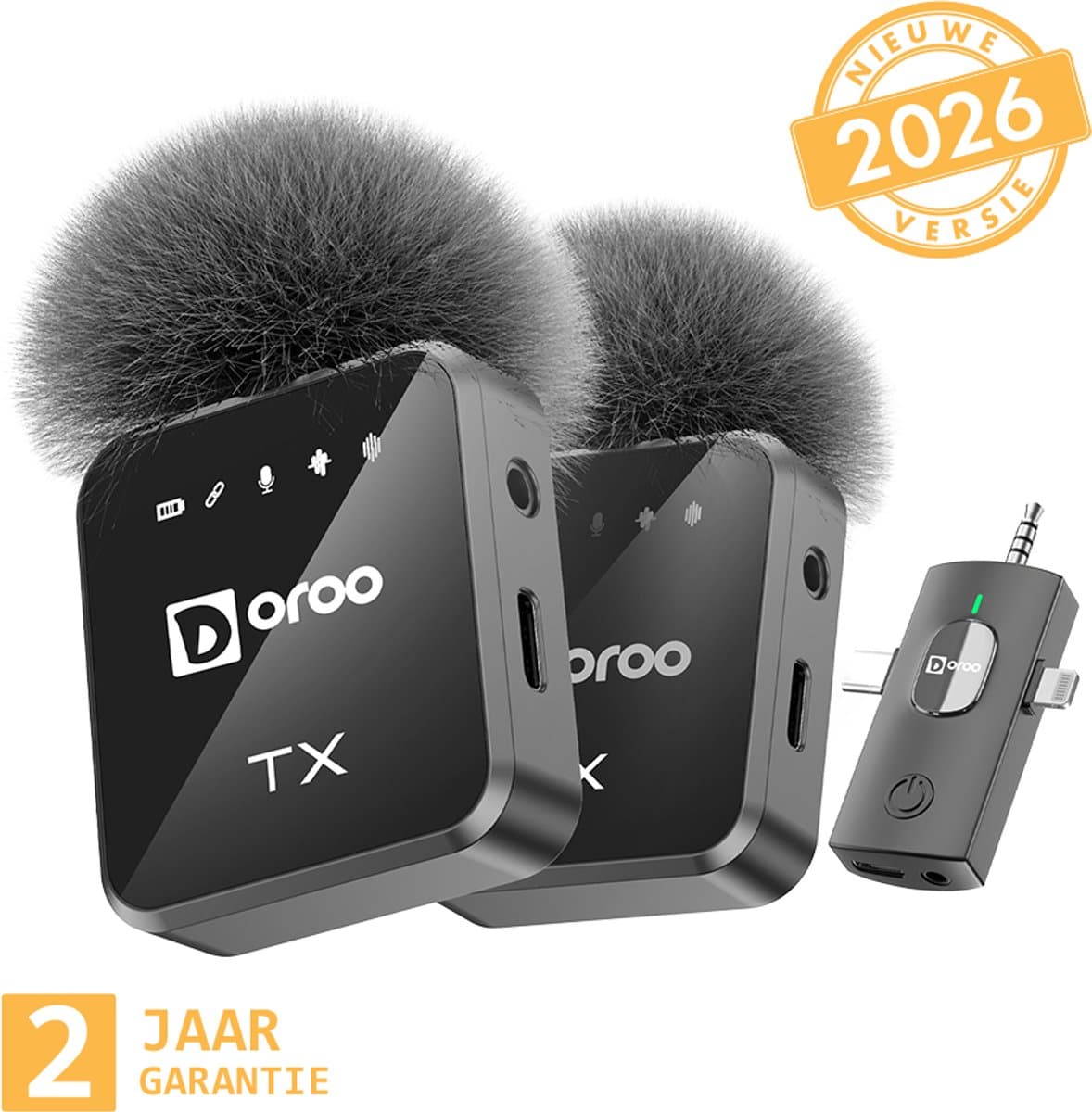 Doroo® Professioneel Draadloze Microfoon - 2 Stuks - Lavalier - Windshields - Extra Lange Batterij - Dasspeld - Professioneel audio geluid - USB-C/Lightning/AUX-draadloze microfoon iphone-Android -Plug & Play - twee jaar garantie — afbeelding 1