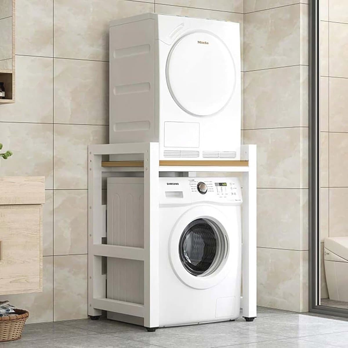Wasmachine Rek met Opbergruimte - In hoogte Verstelbare Standaard voor Wasmachine en Droger — afbeelding 1